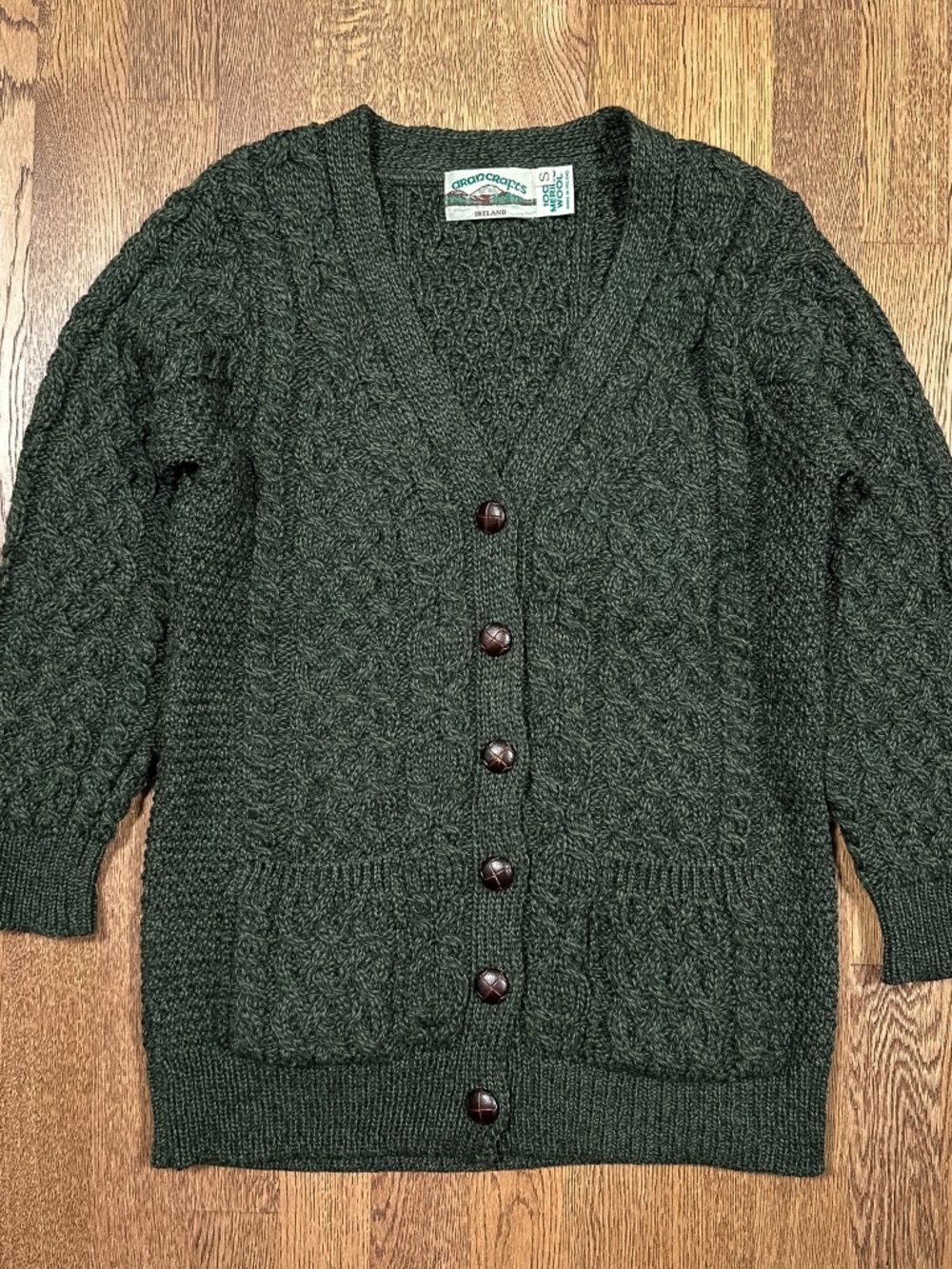 Vintage Aran Crafts Merino Wool Chunky Cable Knit Cardigan Sweater Womens Small